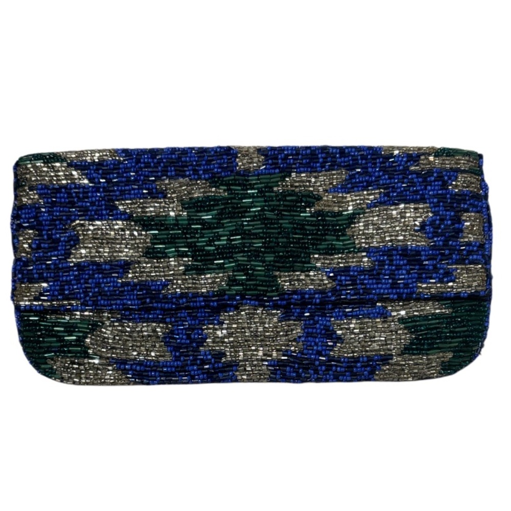 Vintage Beaded Clutch Crossbody Purse Formal Bag Blue Green Metallic Silver - Picture 12 of 16